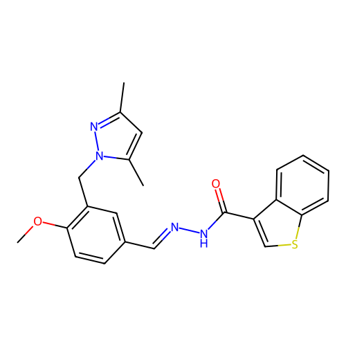 N-[(E)-[3-[(3,5-dimethylpyrazol-1-yl)methyl]-4-methoxyphenyl]methylideneamino]-1-benzothiophene-3-carboxamide structure