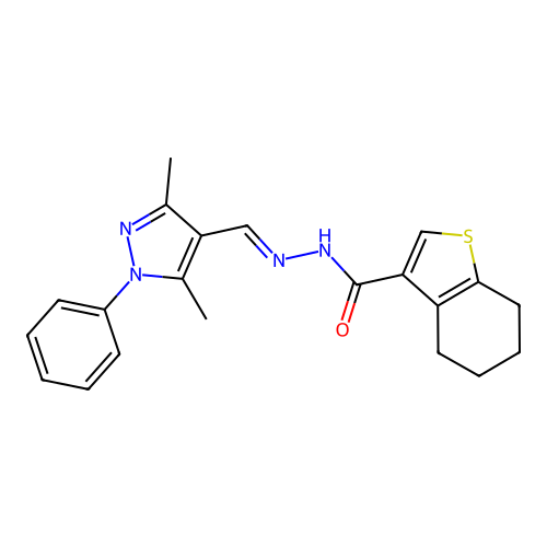 N-[(E)-(3,5-dimethyl-1-phenylpyrazol-4-yl)methylideneamino]-4,5,6,7-tetrahydro-1-benzothiophene-3-carboxamide structure