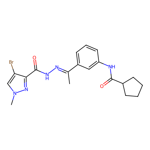 N-(3-{N-[(4-bromo-1-methyl-1H-pyrazol-3-yl)carbonyl]ethanehydrazonoyl}phenyl)cyclopentanecarboxamide structure