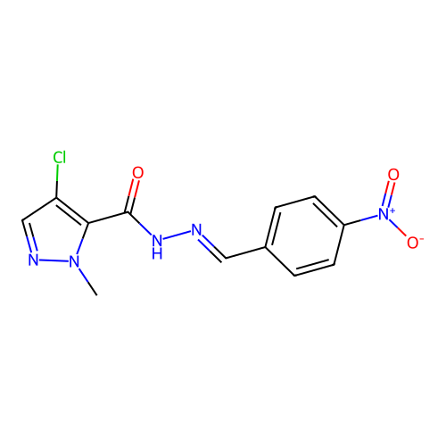4-chloro-2-methyl-N-[(E)-(4-nitrophenyl)methylideneamino]pyrazole-3-carboxamide structure