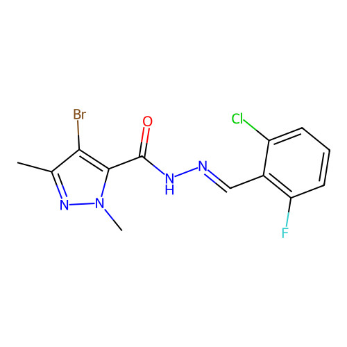 4-bromo-N-[(E)-(2-chloro-6-fluorophenyl)methylideneamino]-2,5-dimethylpyrazole-3-carboxamide structure