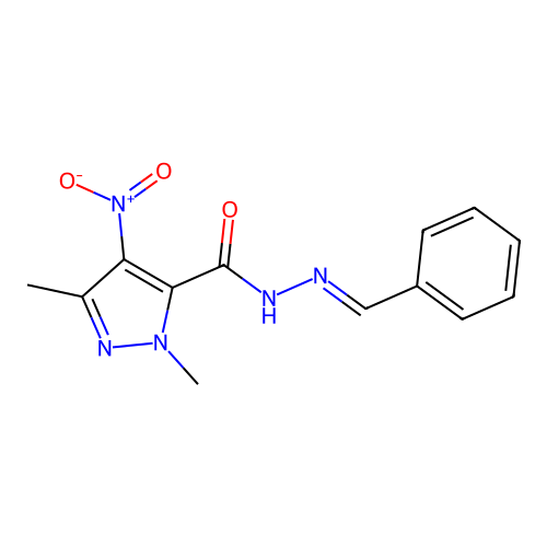 N-[(E)-benzylideneamino]-2,5-dimethyl-4-nitropyrazole-3-carboxamide structure