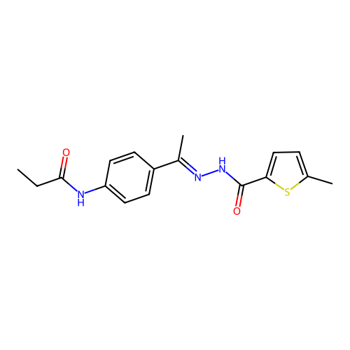5-methyl-N-[(E)-1-[4-(propanoylamino)phenyl]ethylideneamino]thiophene-2-carboxamide structure