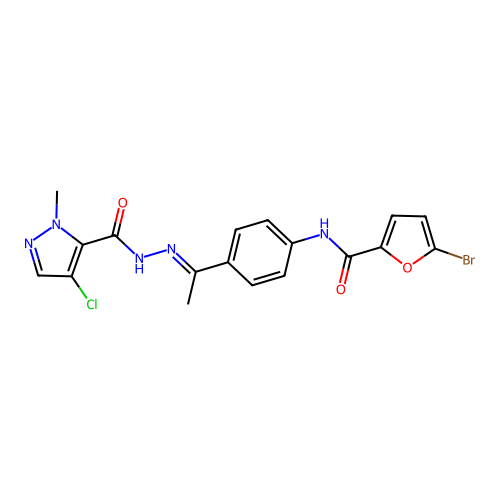 5-bromo-N-(4-{N-[(4-chloro-1-methyl-1H-pyrazol-5-yl)carbonyl]ethanehydrazonoyl}phenyl)-2-furamide structure