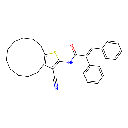 N-(3-cyano-4,5,6,7,8,9,10,11,12,13-decahydrocyclododeca[b]thien-2-yl)-2,3-diphenylacrylamide structure