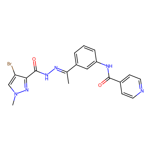N-(3-{N-[(4-bromo-1-methyl-1H-pyrazol-3-yl)carbonyl]ethanehydrazonoyl}phenyl)isonicotinamide structure