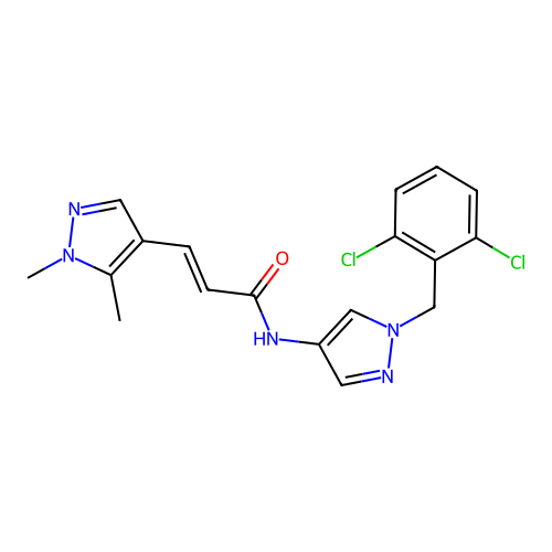(E)-N-[1-[(2,6-dichlorophenyl)methyl]pyrazol-4-yl]-3-(1,5-dimethylpyrazol-4-yl)prop-2-enamide structure