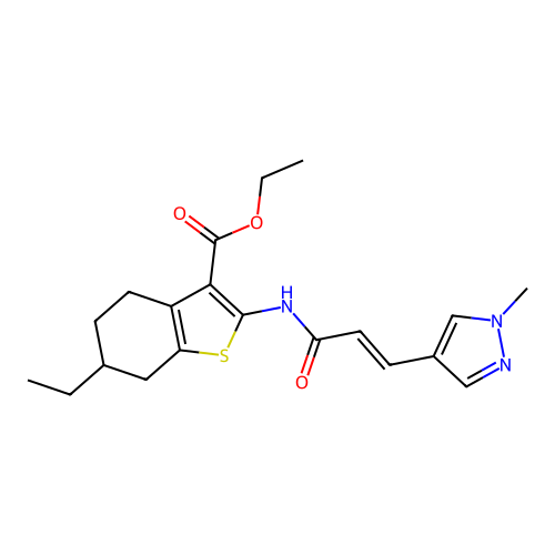 ethyl 6-ethyl-2-[[(E)-3-(1-methylpyrazol-4-yl)prop-2-enoyl]amino]-4,5,6,7-tetrahydro-1-benzothiophene-3-carboxylate structure