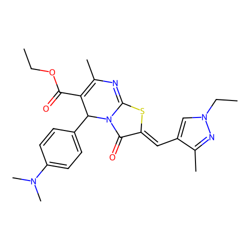 ethyl 5-[4-(dimethylamino)phenyl]-2-[(1-ethyl-3-methyl-1H-pyrazol-4-yl)methylene]-7-methyl-3-oxo-2,3-dihydro-5H-[1,3]thiazolo[3,2-a]pyrimidine-6-carboxylate structure