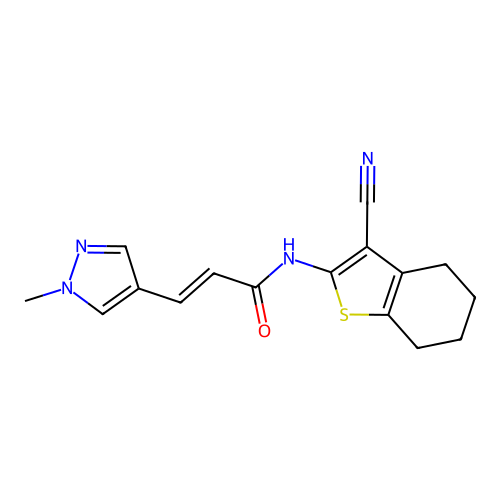 (E)-N-(3-cyano-4,5,6,7-tetrahydro-1-benzothiophen-2-yl)-3-(1-methylpyrazol-4-yl)prop-2-enamide structure