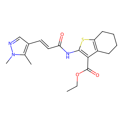 (E)-ethyl 2-(3-(1,5-dimethyl-1H-pyrazol-4-yl)acrylamido)-4,5,6,7-tetrahydrobenzo[b]thiophene-3-carboxylate structure