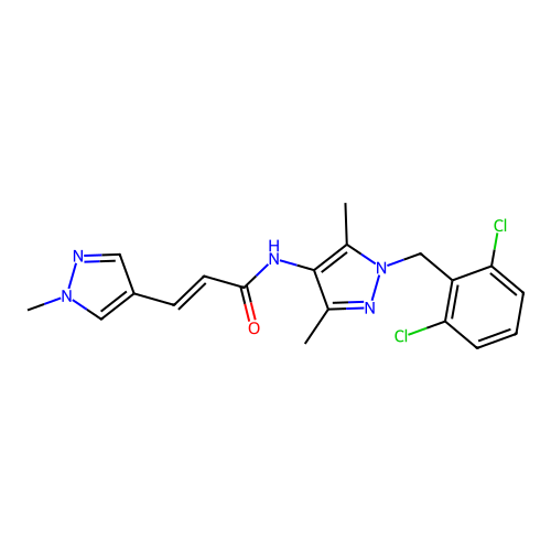 (E)-N-[1-[(2,6-dichlorophenyl)methyl]-3,5-dimethylpyrazol-4-yl]-3-(1-methylpyrazol-4-yl)prop-2-enamide structure