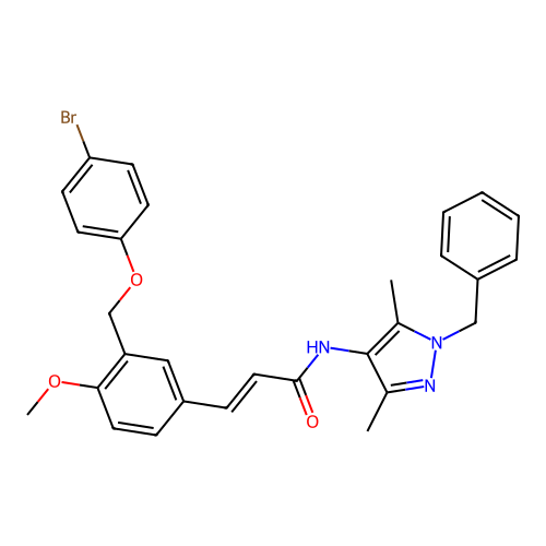 (E)-N-(1-benzyl-3,5-dimethylpyrazol-4-yl)-3-[3-[(4-bromophenoxy)methyl]-4-methoxyphenyl]prop-2-enamide structure