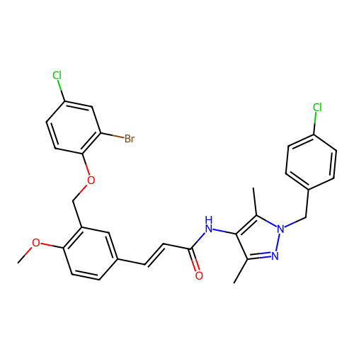 (E)-3-[3-[(2-bromo-4-chlorophenoxy)methyl]-4-methoxyphenyl]-N-[1-[(4-chlorophenyl)methyl]-3,5-dimethylpyrazol-4-yl]prop-2-enamide structure