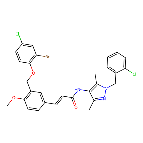 (E)-3-[3-[(2-bromo-4-chlorophenoxy)methyl]-4-methoxyphenyl]-N-[1-[(2-chlorophenyl)methyl]-3,5-dimethylpyrazol-4-yl]prop-2-enamide structure