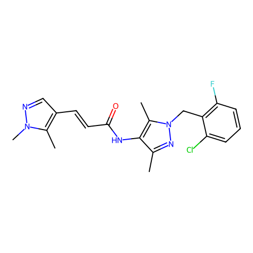 (E)-N-[1-[(2-chloro-6-fluorophenyl)methyl]-3,5-dimethylpyrazol-4-yl]-3-(1,5-dimethylpyrazol-4-yl)prop-2-enamide structure