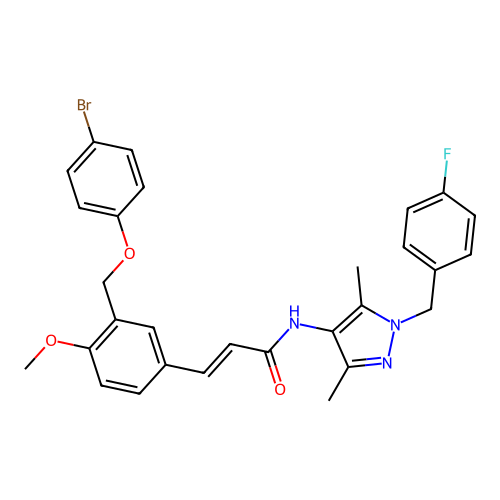 (E)-3-[3-[(4-bromophenoxy)methyl]-4-methoxyphenyl]-N-[1-[(4-fluorophenyl)methyl]-3,5-dimethylpyrazol-4-yl]prop-2-enamide structure