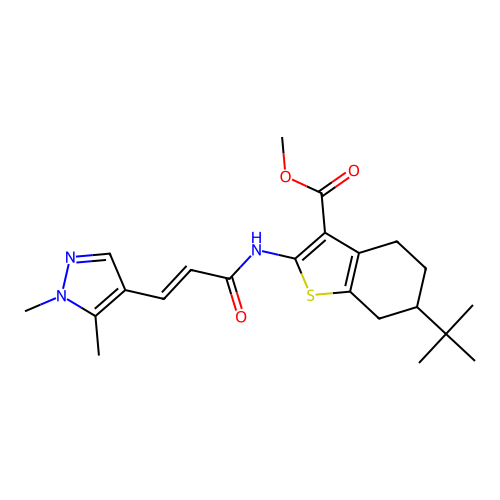 methyl 6-tert-butyl-2-[[(E)-3-(1,5-dimethylpyrazol-4-yl)prop-2-enoyl]amino]-4,5,6,7-tetrahydro-1-benzothiophene-3-carboxylate structure
