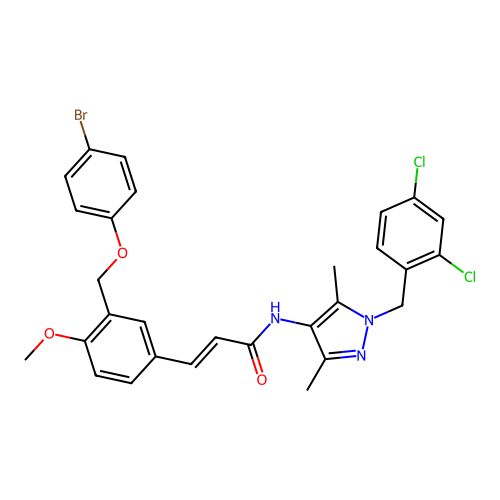 (E)-3-[3-[(4-bromophenoxy)methyl]-4-methoxyphenyl]-N-[1-[(2,4-dichlorophenyl)methyl]-3,5-dimethylpyrazol-4-yl]prop-2-enamide structure