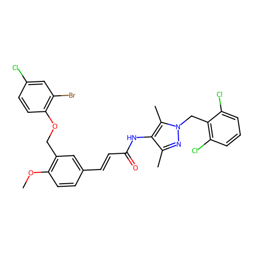 (E)-3-[3-[(2-bromo-4-chlorophenoxy)methyl]-4-methoxyphenyl]-N-[1-[(2,6-dichlorophenyl)methyl]-3,5-dimethylpyrazol-4-yl]prop-2-enamide structure