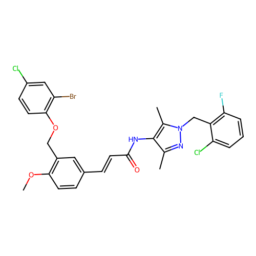 (E)-3-[3-[(2-bromo-4-chlorophenoxy)methyl]-4-methoxyphenyl]-N-[1-[(2-chloro-6-fluorophenyl)methyl]-3,5-dimethylpyrazol-4-yl]prop-2-enamide structure