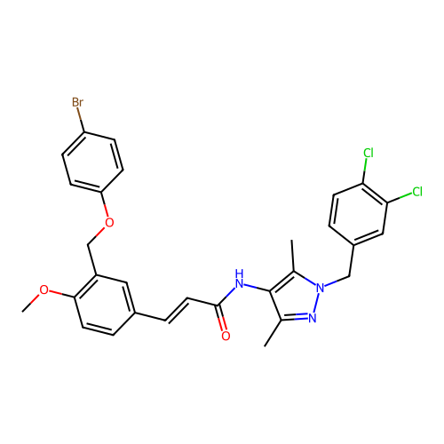 (E)-3-[3-[(4-bromophenoxy)methyl]-4-methoxyphenyl]-N-[1-[(3,4-dichlorophenyl)methyl]-3,5-dimethylpyrazol-4-yl]prop-2-enamide structure