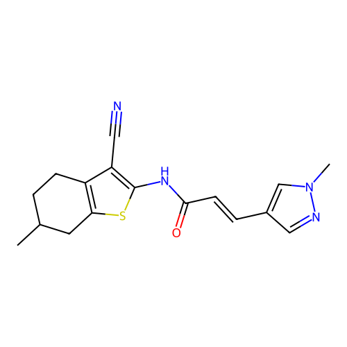 (E)-N-(3-cyano-6-methyl-4,5,6,7-tetrahydro-1-benzothiophen-2-yl)-3-(1-methylpyrazol-4-yl)prop-2-enamide structure