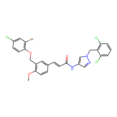 (E)-3-[3-[(2-bromo-4-chlorophenoxy)methyl]-4-methoxyphenyl]-N-[1-[(2,6-dichlorophenyl)methyl]pyrazol-4-yl]prop-2-enamide structure