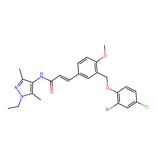 (E)-3-[3-[(2-bromo-4-chlorophenoxy)methyl]-4-methoxyphenyl]-N-(1-ethyl-3,5-dimethylpyrazol-4-yl)prop-2-enamide structure