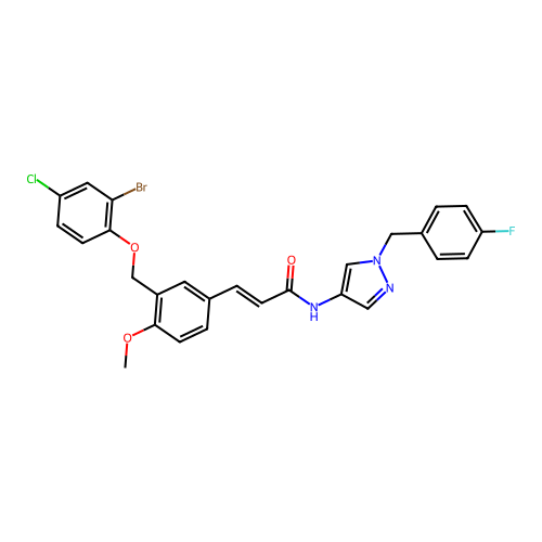 (E)-3-[3-[(2-bromo-4-chlorophenoxy)methyl]-4-methoxyphenyl]-N-[1-[(4-fluorophenyl)methyl]pyrazol-4-yl]prop-2-enamide structure