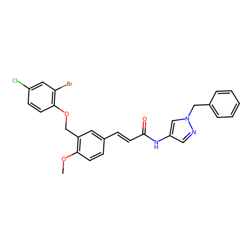 (E)-N-(1-benzylpyrazol-4-yl)-3-[3-[(2-bromo-4-chlorophenoxy)methyl]-4-methoxyphenyl]prop-2-enamide structure