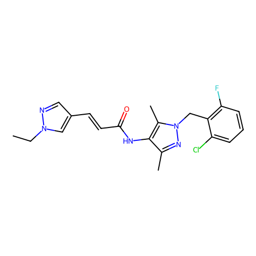 (E)-N-[1-[(2-chloro-6-fluorophenyl)methyl]-3,5-dimethylpyrazol-4-yl]-3-(1-ethylpyrazol-4-yl)prop-2-enamide structure