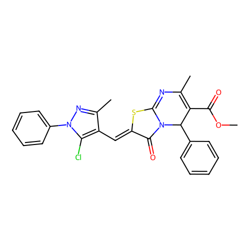 methyl (2Z)-2-[(5-chloro-3-methyl-1-phenyl-1H-pyrazol-4-yl)methylidene]-7-methyl-3-oxo-5-phenyl-2,3-dihydro-5H-[1,3]thiazolo[3,2-a]pyrimidine-6-carboxylate structure