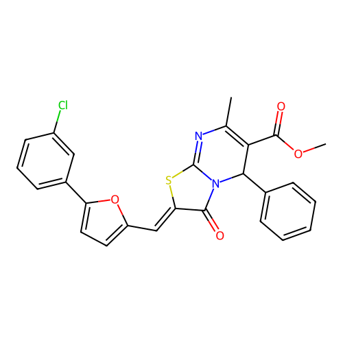 methyl (2Z)-2-[[5-(3-chlorophenyl)furan-2-yl]methylidene]-7-methyl-3-oxo-5-phenyl-5H-[1,3]thiazolo[3,2-a]pyrimidine-6-carboxylate structure