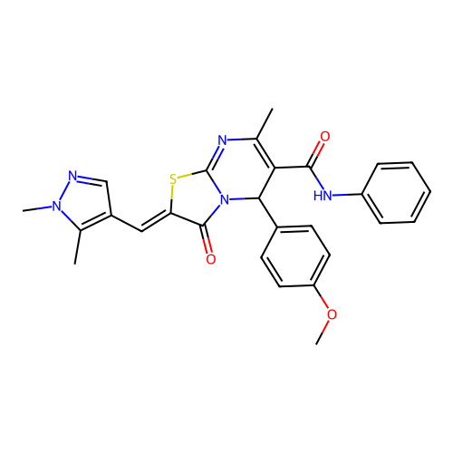 (2E)-2-[(1,5-dimethyl-1H-pyrazol-4-yl)methylidene]-5-(4-methoxyphenyl)-7-methyl-3-oxo-N-phenyl-2H,3H,5H-[1,3]thiazolo[3,2-a]pyrimidine-6-carboxamide structure