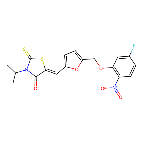 (5Z)-5-[[5-[(5-fluoro-2-nitrophenoxy)methyl]furan-2-yl]methylidene]-3-propan-2-yl-2-sulfanylidene-1,3-thiazolidin-4-one structure