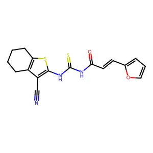 (E)-N-[(3-cyano-4,5,6,7-tetrahydro-1-benzothiophen-2-yl)carbamothioyl]-3-(furan-2-yl)prop-2-enamide structure
