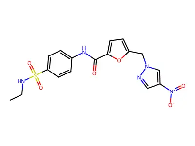 N-[4-(ethylsulfamoyl)phenyl]-5-[(4-nitropyrazol-1-yl)methyl]furan-2-carboxamide structure