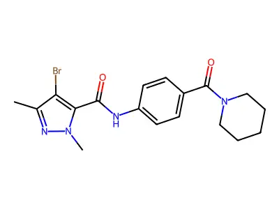 4-bromo-2,5-dimethyl-N-[4-(piperidine-1-carbonyl)phenyl]pyrazole-3-carboxamide structure