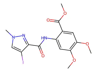 methyl 2-{[(4-iodo-1-methyl-1H-pyrazol-3-yl)carbonyl]amino}-4,5-dimethoxybenzoate structure