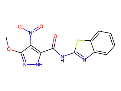 N-(1,3-benzothiazol-2-yl)-3-methoxy-4-nitro-1H-pyrazole-5-carboxamide structure