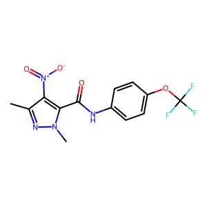 1,3-dimethyl-4-nitro-N-[4-(trifluoromethoxy)phenyl]-1H-pyrazole-5-carboxamide structure