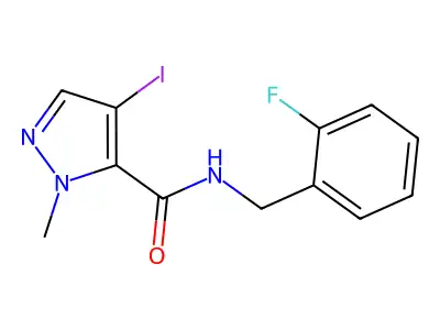 N-[(2-fluorophenyl)methyl]-4-iodo-2-methylpyrazole-3-carboxamide structure
