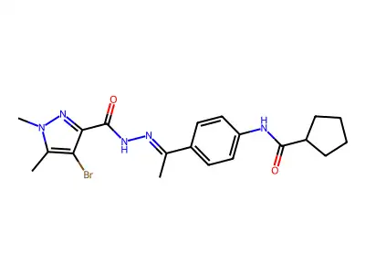 4-bromo-N-[(E)-1-[4-(cyclopentanecarbonylamino)phenyl]ethylideneamino]-1,5-dimethylpyrazole-3-carboxamide structure