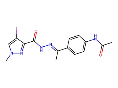 N-[(E)-1-(4-acetamidophenyl)ethylideneamino]-4-iodo-1-methylpyrazole-3-carboxamide structure