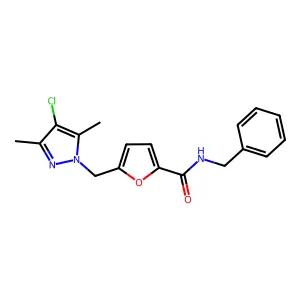 N-benzyl-5-[(4-chloro-3,5-dimethylpyrazol-1-yl)methyl]furan-2-carboxamide structure