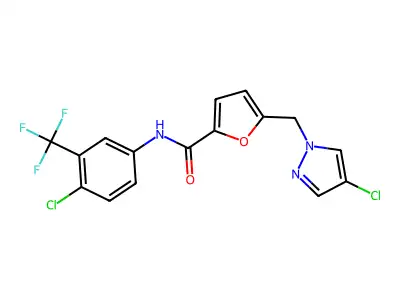5-[(4-chloropyrazol-1-yl)methyl]-N-[4-chloro-3-(trifluoromethyl)phenyl]furan-2-carboxamide structure
