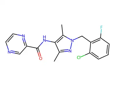 N-[1-[(2-chloro-6-fluorophenyl)methyl]-3,5-dimethylpyrazol-4-yl]pyrazine-2-carboxamide structure