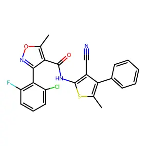 3-(2-chloro-6-fluorophenyl)-N-(3-cyano-5-methyl-4-phenylthiophen-2-yl)-5-methyl-1,2-oxazole-4-carboxamide structure