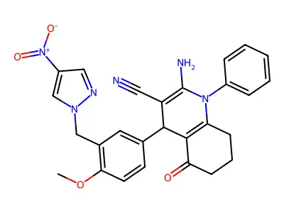2-amino-4-[3-({4-nitro-1H-pyrazol-1-yl}methyl)-4-methoxyphenyl]-5-oxo-1-phenyl-1,4,5,6,7,8-hexahydro-3-quinolinecarbonitrile structure